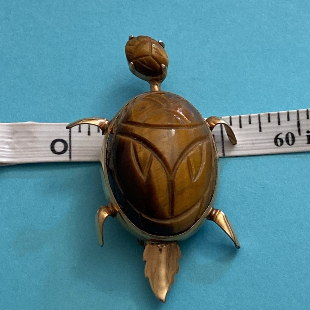 Vintage 60s 12K GF Tigers Eye Stone Carved Scarab Turtle Broach - Picture 6 of 9